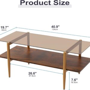 Furnify Glass Coffee Table, Rectangle Living Room Center Table with Golden Legs, Mid-Century Modern Accent Tables with Open Shelf for Living Room, Office, Brown - Image 2