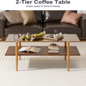 Furnify Glass Coffee Table, Rectangle Living Room Center Table with Golden Legs, Mid-Century Modern Accent Tables with Open Shelf for Living Room, Office, Brown - Image 3