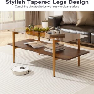 Furnify Glass Coffee Table, Rectangle Living Room Center Table with Golden Legs, Mid-Century Modern Accent Tables with Open Shelf for Living Room, Office, Brown - Image 4