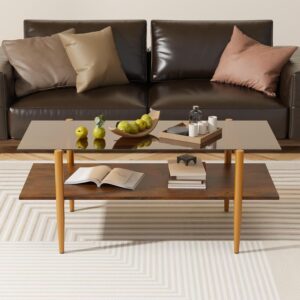 Furnify Glass Coffee Table, Rectangle Living Room Center Table with Golden Legs, Mid-Century Modern Accent Tables with Open Shelf for Living Room, Office, Brown - Image 5