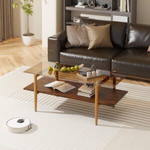 Furnify Glass Coffee Table, Rectangle Living Room Center Table with Golden Legs, Mid-Century Modern Accent Tables with Open Shelf for Living Room, Office, Brown - Image 8