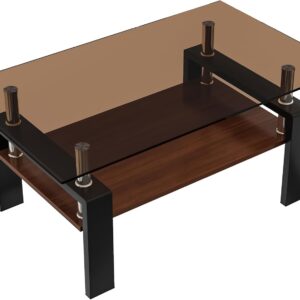 Glass Coffee Table Rectangle Living Room Center Table, with Tempered Glass Tabletop and MDF Layer,for Living Room and Office (Brown) - Image 2