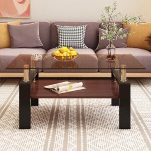 Glass Coffee Table Rectangle Living Room Center Table, with Tempered Glass Tabletop and MDF Layer,for Living Room and Office (Brown) - Image 4