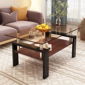 Glass Coffee Table Rectangle Living Room Center Table, with Tempered Glass Tabletop and MDF Layer,for Living Room and Office (Brown) - Image 6