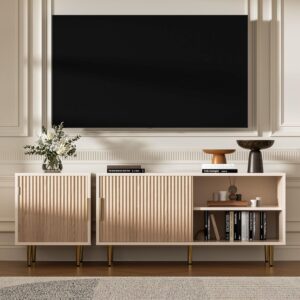 Combined Modern TV Stand for 55/60/65 inch TV, Small Entertainment Center with Adjustable Shelf, TV Media Stand with Storage Cabinet, TV Console with Gold Legs for Living Room, Bedroom, Oak - Image 4