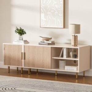 Combined Modern TV Stand for 55/60/65 inch TV, Small Entertainment Center with Adjustable Shelf, TV Media Stand with Storage Cabinet, TV Console with Gold Legs for Living Room, Bedroom, Oak - Image 5