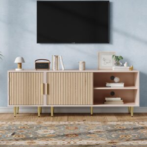 Combined Modern TV Stand for 55/60/65 inch TV, Small Entertainment Center with Adjustable Shelf, TV Media Stand with Storage Cabinet, TV Console with Gold Legs for Living Room, Bedroom, Oak - Image 10