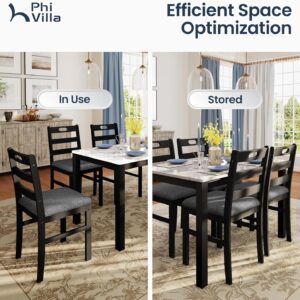 PHI VILLA Solid Wood Dining Table Set for 4, Marble Design Kitchen Table Chairs Set of 4, 5 Piece Space-Saving Dining Room Table Set for Apartment, Venatino White Marble& Black - Image 7