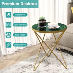 Modern Round Side Table, End Table with Marble Effect Top and Gold Metal Frame, Small Side Table for Living Room, Bedroom, Sofa and Couch, Gold Legs, Green Marble top - Image 6