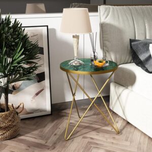 Modern Round Side Table, End Table with Marble Effect Top and Gold Metal Frame, Small Side Table for Living Room, Bedroom, Sofa and Couch, Gold Legs, Green Marble top - Image 8