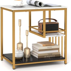 Giantex Side Table with Storage, 3-Tier End Table with Golden Polished Steel Frame Sofa Couch Table for Living Room, Modern Nightstand for Bedroom, Easy Assembly, Marble & Golden - Image 2