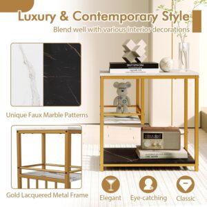 Giantex Side Table with Storage, 3-Tier End Table with Golden Polished Steel Frame Sofa Couch Table for Living Room, Modern Nightstand for Bedroom, Easy Assembly, Marble & Golden - Image 4
