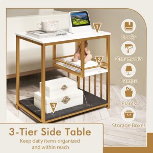 Giantex Side Table with Storage, 3-Tier End Table with Golden Polished Steel Frame Sofa Couch Table for Living Room, Modern Nightstand for Bedroom, Easy Assembly, Marble & Golden - Image 5