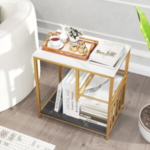 Giantex Side Table with Storage, 3-Tier End Table with Golden Polished Steel Frame Sofa Couch Table for Living Room, Modern Nightstand for Bedroom, Easy Assembly, Marble & Golden - Image 6