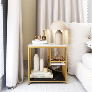 Giantex Side Table with Storage, 3-Tier End Table with Golden Polished Steel Frame Sofa Couch Table for Living Room, Modern Nightstand for Bedroom, Easy Assembly, Marble & Golden - Image 7