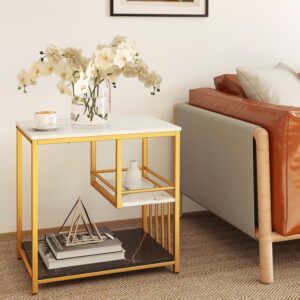 Giantex Side Table with Storage, 3-Tier End Table with Golden Polished Steel Frame Sofa Couch Table for Living Room, Modern Nightstand for Bedroom, Easy Assembly, Marble & Golden - Image 9