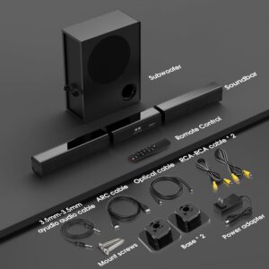 2.1 Channel Sound Bar with Wired Subwoofer, Dorby Audio 35in Detachable TV Soundbar, Bluetooth, HDMI-ARC, Optical, AUX, USB, FM, Coaxial Inputs for Home Theater - Image 7