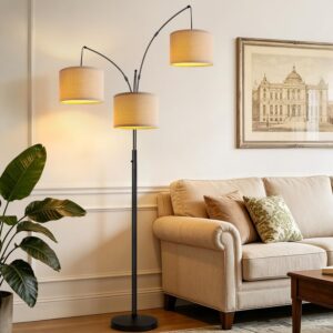 Dimmable 3 Lights Floor Lamp - 3000LM Super Bright Arc Floor Lamps for Living Room, Modern Tall Standing Lamp With Beige Shades, Mid Century Tree Floor Lamp for Bedroom Office, 3 LED Bulbs Included - Image 2