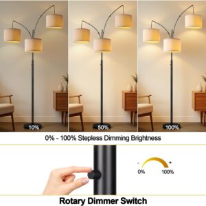 Dimmable 3 Lights Floor Lamp - 3000LM Super Bright Arc Floor Lamps for Living Room, Modern Tall Standing Lamp With Beige Shades, Mid Century Tree Floor Lamp for Bedroom Office, 3 LED Bulbs Included - Image 4