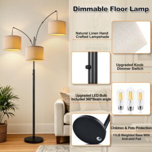Dimmable 3 Lights Floor Lamp - 3000LM Super Bright Arc Floor Lamps for Living Room, Modern Tall Standing Lamp With Beige Shades, Mid Century Tree Floor Lamp for Bedroom Office, 3 LED Bulbs Included - Image 5