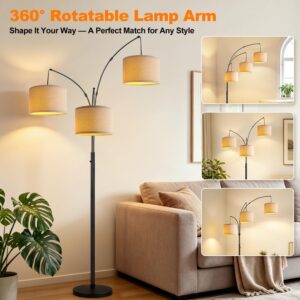 Dimmable 3 Lights Floor Lamp - 3000LM Super Bright Arc Floor Lamps for Living Room, Modern Tall Standing Lamp With Beige Shades, Mid Century Tree Floor Lamp for Bedroom Office, 3 LED Bulbs Included - Image 6