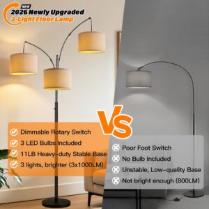 Dimmable 3 Lights Floor Lamp - 3000LM Super Bright Arc Floor Lamps for Living Room, Modern Tall Standing Lamp With Beige Shades, Mid Century Tree Floor Lamp for Bedroom Office, 3 LED Bulbs Included - Image 7