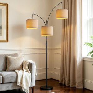 Dimmable 3 Lights Floor Lamp - 3000LM Super Bright Arc Floor Lamps for Living Room, Modern Tall Standing Lamp With Beige Shades, Mid Century Tree Floor Lamp for Bedroom Office, 3 LED Bulbs Included - Image 9