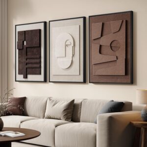 3D Textured Framed Neutral Abstract Wall Art for Bedroom, 3 Piece Modern Artwork for Walls, Minimalist White and Brown Geometric Wall Paintings for Living Room, Dining Room, Lounge Wall Decor 16x24 In - Image 3