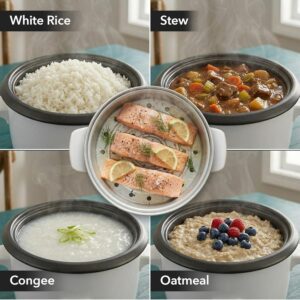 OVENTE Electric Rice Cooker and Food Steamer – 10-Cup Cooked Capacity (5 Cups Uncooked), Nonstick Removable Pot, Keep Warm Function, Steaming Basket, Measuring Cup & Spatula Included, White RCS01W - Image 4
