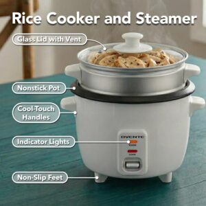 OVENTE Electric Rice Cooker and Food Steamer – 10-Cup Cooked Capacity (5 Cups Uncooked), Nonstick Removable Pot, Keep Warm Function, Steaming Basket, Measuring Cup & Spatula Included, White RCS01W - Image 5
