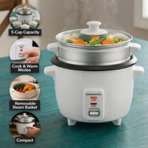 OVENTE Electric Rice Cooker and Food Steamer – 10-Cup Cooked Capacity (5 Cups Uncooked), Nonstick Removable Pot, Keep Warm Function, Steaming Basket, Measuring Cup & Spatula Included, White RCS01W - Image 6