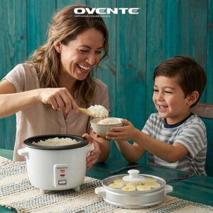 OVENTE Electric Rice Cooker and Food Steamer – 10-Cup Cooked Capacity (5 Cups Uncooked), Nonstick Removable Pot, Keep Warm Function, Steaming Basket, Measuring Cup & Spatula Included, White RCS01W - Image 8