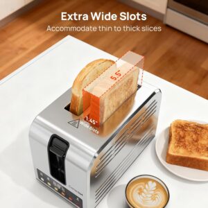 Toaster 2 Slice, Consciot Smart Touch Screen Toasters with 6 Browning Levels, Timer, Reheat/Defrost/Cancel, Extra-Wide Slots, Removable Crumb Tray, Auto Pop-up & Anti Jam, Peak 925W, Stainless Steel - Image 3