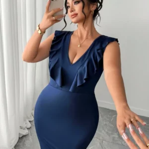 Plus Size Women's Navy Blue Ruffled Bodycon Dress V-Neck Sleeveless Slim Fit Waist Slimming Premium Bodycon Dress - Image 7