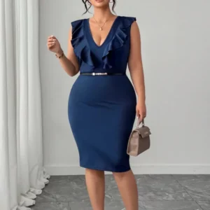 Plus Size Women's Navy Blue Ruffled Bodycon Dress V-Neck Sleeveless Slim Fit Waist Slimming Premium Bodycon Dress - Image 6