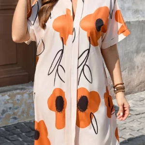 2025 New Plus Size Women's Floral Print V Neck Loose Elegant Short Sleeve Vacation Casual Loose Dress - Image 3