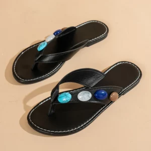 2025 New Gemstone Decor Flat Flip Flops Women Summer Plus Size Clip Toe Beach Sandals Woman Pu Leather Non Slip Slippers 36-43 - Image 5