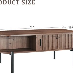 Coffee Table, 39.4" Mid Century Modern Coffee Tables for Living Room, Coffee Table with Storage Open Shelf, Fluted Table with Sliding Cabinet Door, 2-Tier Rustic Wood Desktop, Walnut - Image 2