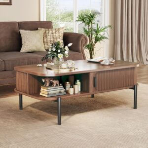 Coffee Table, 39.4" Mid Century Modern Coffee Tables for Living Room, Coffee Table with Storage Open Shelf, Fluted Table with Sliding Cabinet Door, 2-Tier Rustic Wood Desktop, Walnut - Image 3