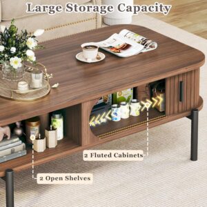 Coffee Table, 39.4" Mid Century Modern Coffee Tables for Living Room, Coffee Table with Storage Open Shelf, Fluted Table with Sliding Cabinet Door, 2-Tier Rustic Wood Desktop, Walnut - Image 4