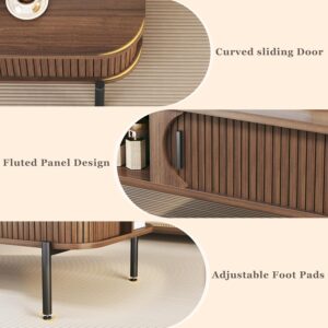 Coffee Table, 39.4" Mid Century Modern Coffee Tables for Living Room, Coffee Table with Storage Open Shelf, Fluted Table with Sliding Cabinet Door, 2-Tier Rustic Wood Desktop, Walnut - Image 5