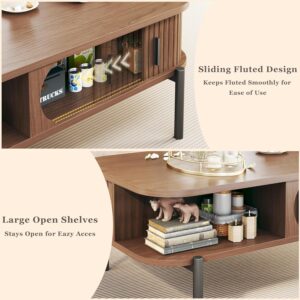 Coffee Table, 39.4" Mid Century Modern Coffee Tables for Living Room, Coffee Table with Storage Open Shelf, Fluted Table with Sliding Cabinet Door, 2-Tier Rustic Wood Desktop, Walnut - Image 6
