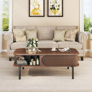 Coffee Table, 39.4" Mid Century Modern Coffee Tables for Living Room, Coffee Table with Storage Open Shelf, Fluted Table with Sliding Cabinet Door, 2-Tier Rustic Wood Desktop, Walnut - Image 7