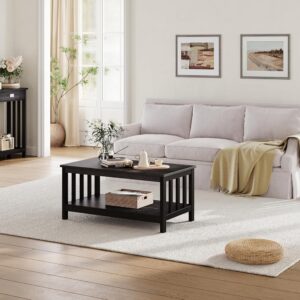 ChooChoo Mission Coffee Table, Black Wood Living Room Table with Shelf, 40 Black - Image 3