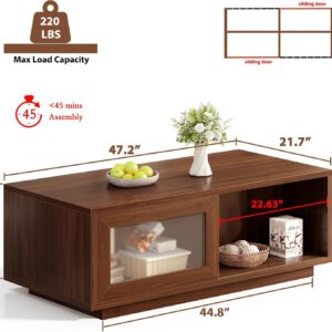 HSH Walnut Coffee Table for Living Room, 47 Inch Modern Wood Rectangle Coffee Tables with Sliding Door and Storage Open Shelf, Large Low Center Table for Home Decor - Image 2
