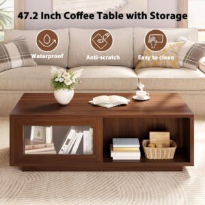 HSH Walnut Coffee Table for Living Room, 47 Inch Modern Wood Rectangle Coffee Tables with Sliding Door and Storage Open Shelf, Large Low Center Table for Home Decor - Image 3
