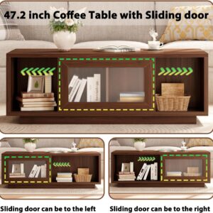 HSH Walnut Coffee Table for Living Room, 47 Inch Modern Wood Rectangle Coffee Tables with Sliding Door and Storage Open Shelf, Large Low Center Table for Home Decor - Image 4