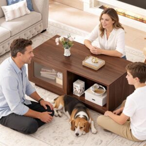 HSH Walnut Coffee Table for Living Room, 47 Inch Modern Wood Rectangle Coffee Tables with Sliding Door and Storage Open Shelf, Large Low Center Table for Home Decor - Image 6