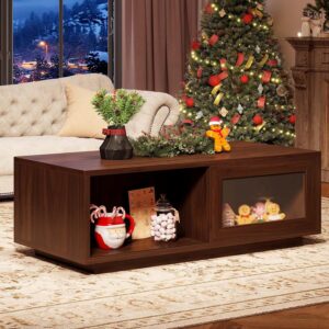 HSH Walnut Coffee Table for Living Room, 47 Inch Modern Wood Rectangle Coffee Tables with Sliding Door and Storage Open Shelf, Large Low Center Table for Home Decor - Image 7