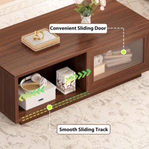 HSH Walnut Coffee Table for Living Room, 47 Inch Modern Wood Rectangle Coffee Tables with Sliding Door and Storage Open Shelf, Large Low Center Table for Home Decor - Image 8